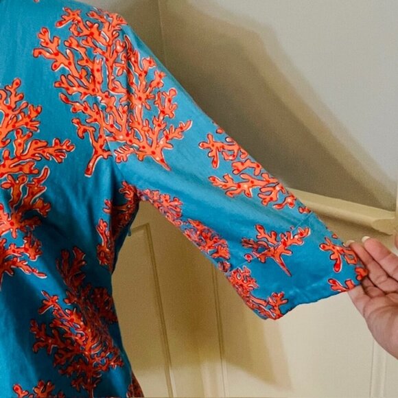 Lilly Pulitzer 100% Cotton Top Blouse Resortwear Turquoise Coral Siesta Medium - Picture 3 of 9